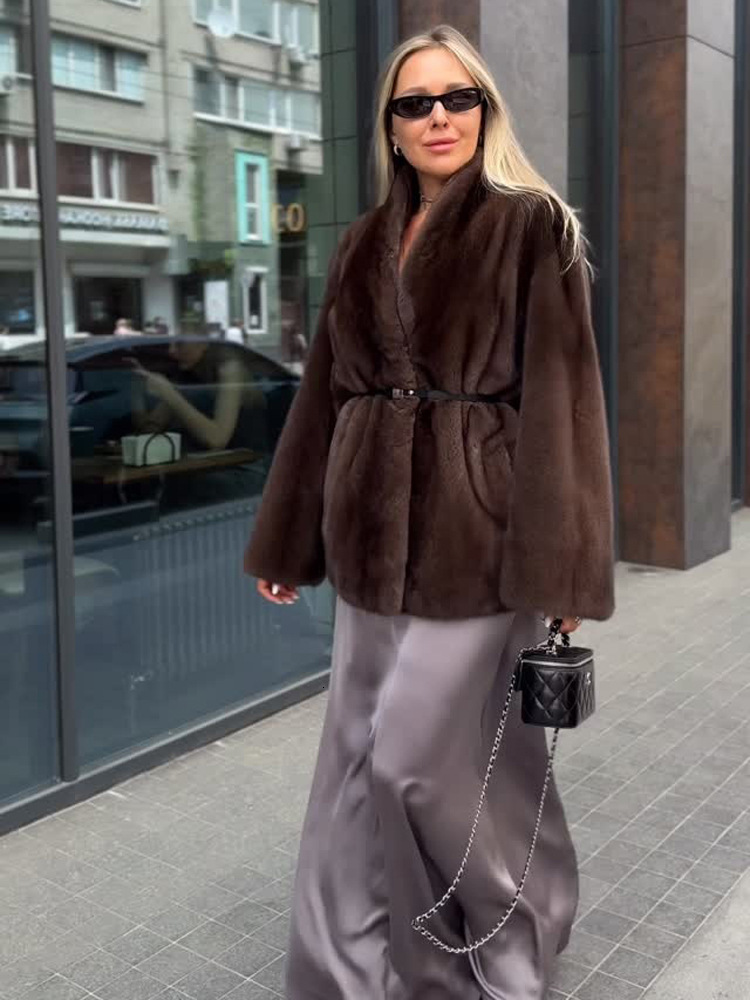 Fashionable, unique, and elegant faux fur coat with lace up design, new for women in autumn and winter