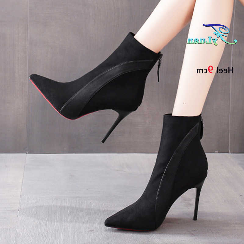 High Winter New Women Heels Ankle Boots Pointed Stiletto Back Zipper Elegant Shoes fashion Suede 9CM Short Booties Female D260916