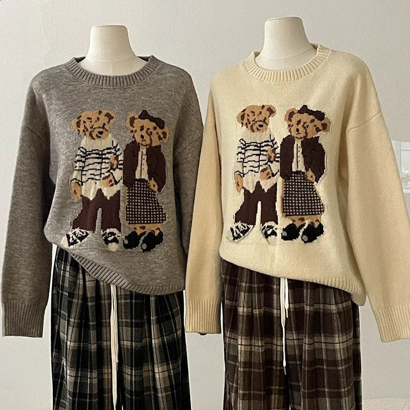 Korean Women O-neck Cartoon Printed Pullover Knitted Sweaters Autumn Winter Vintage Korean Version Women Clothing 260916