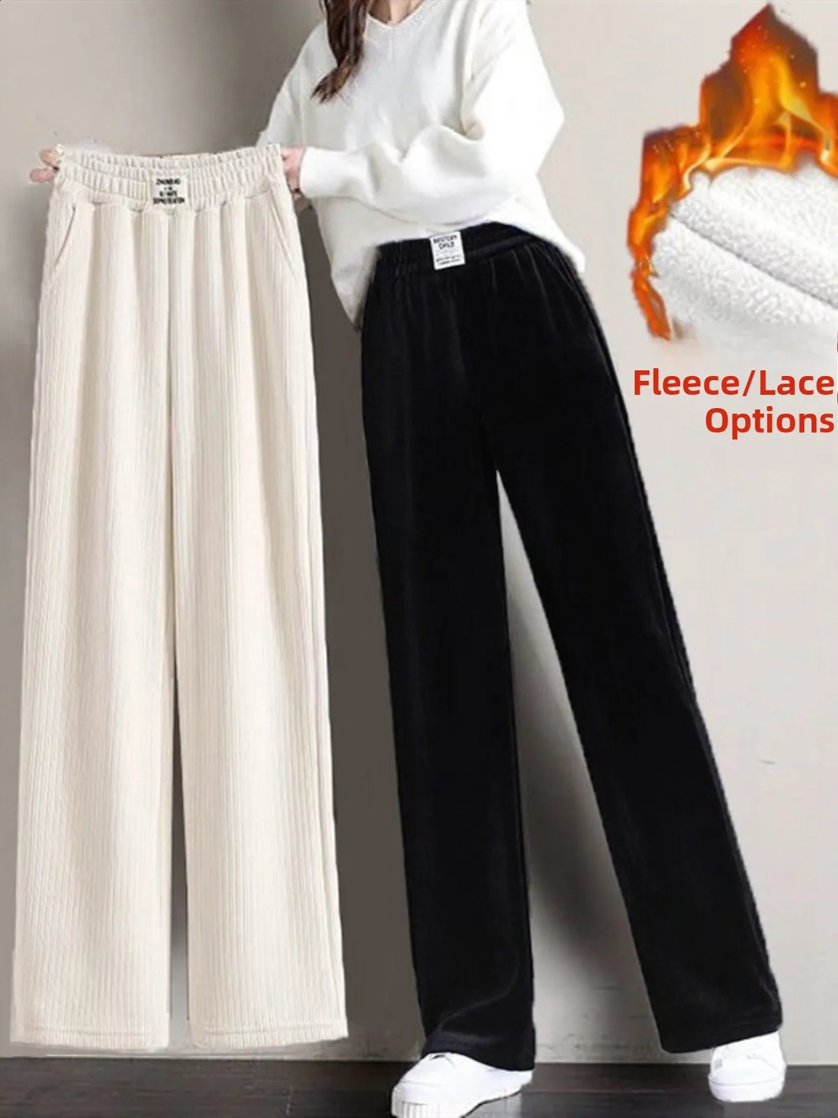 Women's Corduroy Wide Leg Pants Autumn Winter Warm Outdoor Wear Fce Lined Casual Trousers Loose Straight Cut Sweatpants 260916