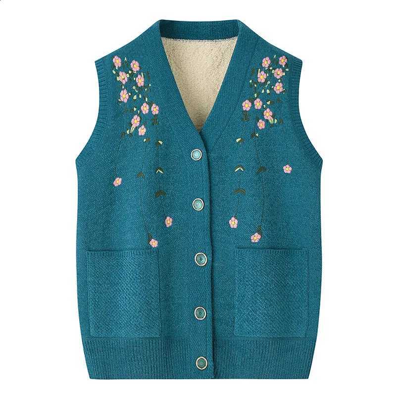 Winter Grandma's Vest Embroidered Autumn Middle Aged Mother's Outfit Cardigan Jacket Knitwears Sweater Women Wool Velvet SueterW260915