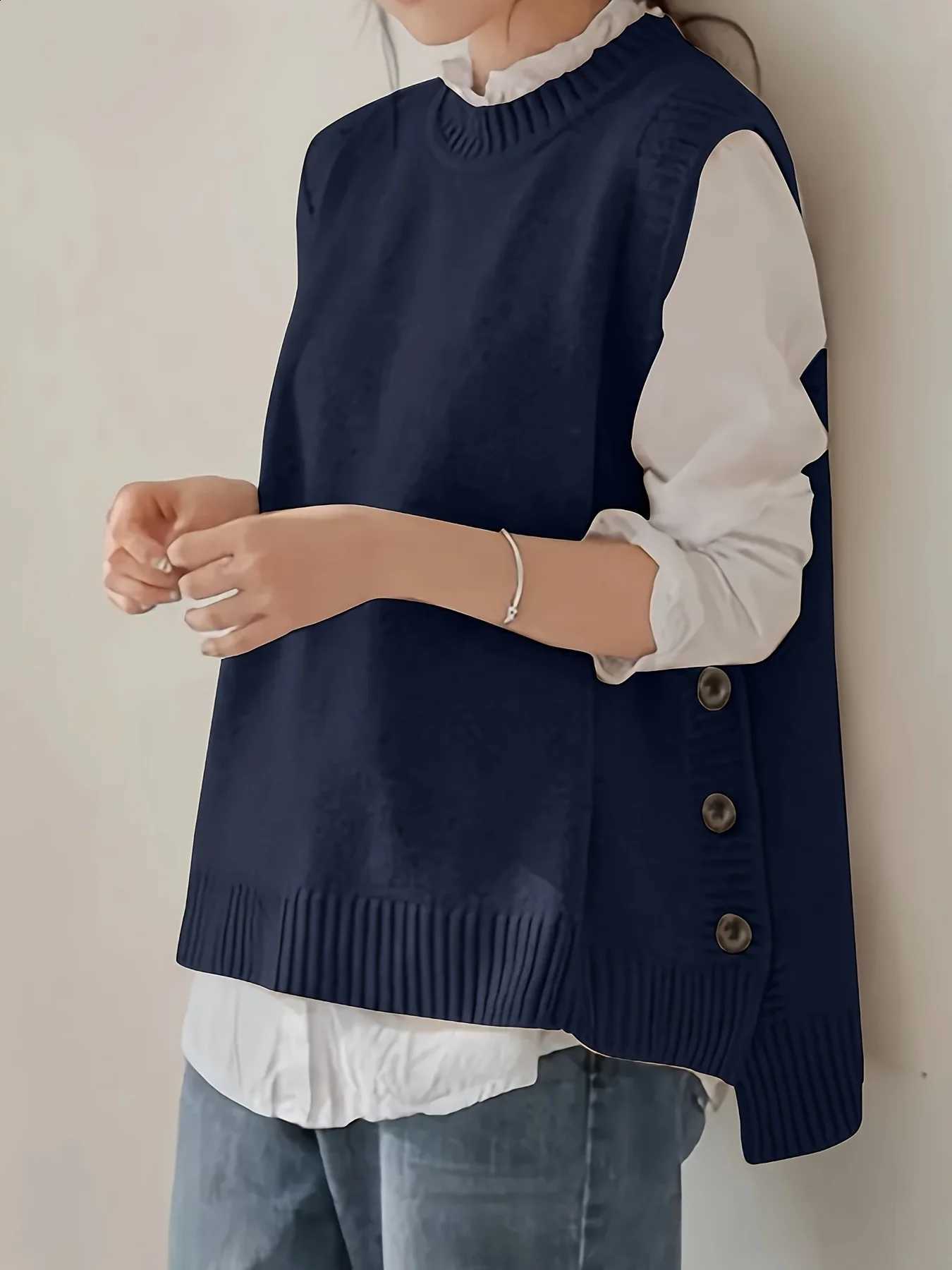Minimalist Knit Vest Sweater Women's Sleeveless Round Neck Button-Front Design Preppy Business Casual Style For OfficeW260915
