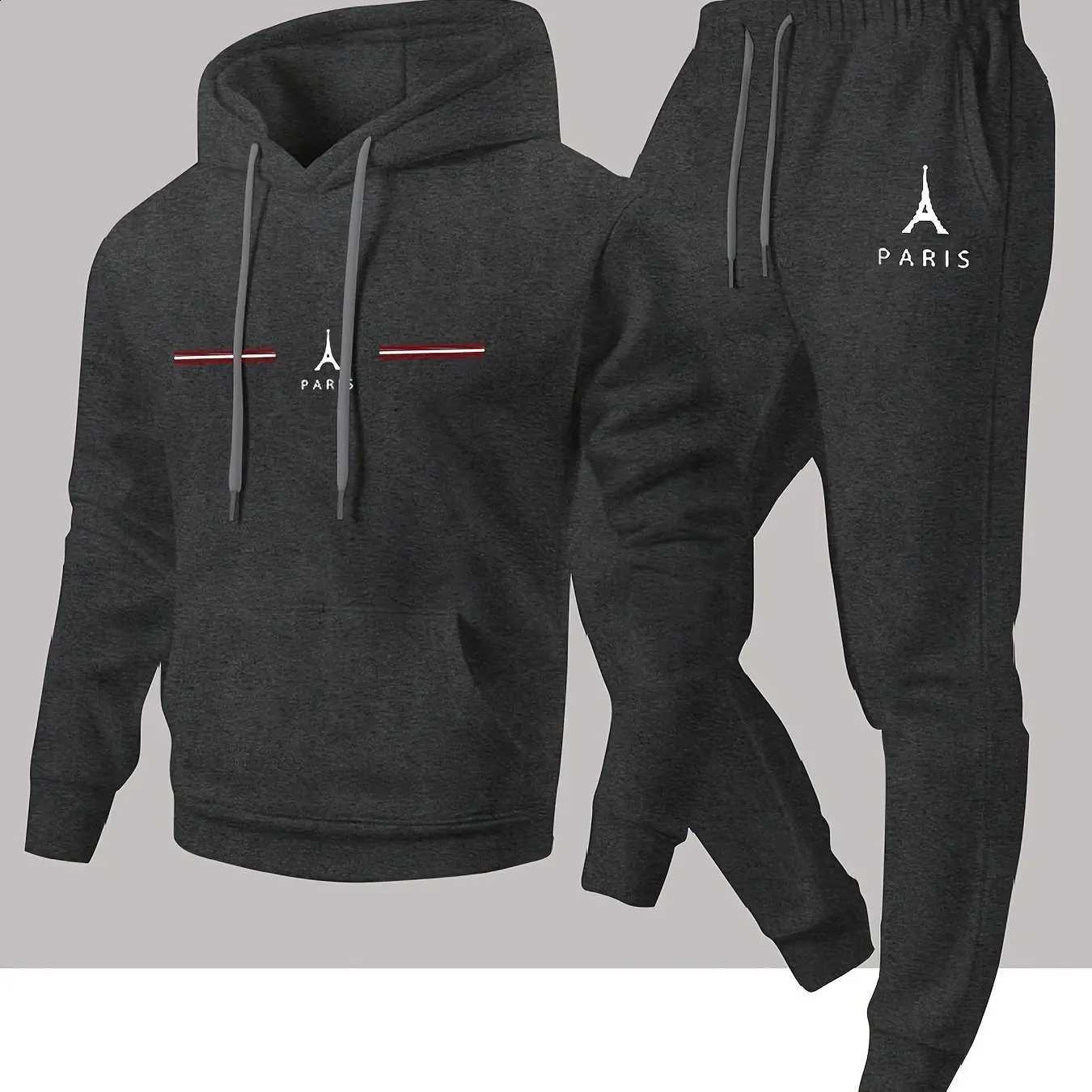 Eiffel Men's Set 2Piece Hoodie Tower Transfer Print Hoodie + Matching Element Jogger Pants Autumn Winter Casual Sports Outfit D2609151