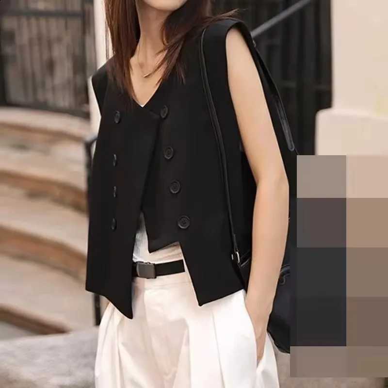 Women Black Suit Vest Jacket Irregular Top 2025 Spring Summer New Double Breasted Casual Thin Shoulder Waistcoat Female ClothesW260915