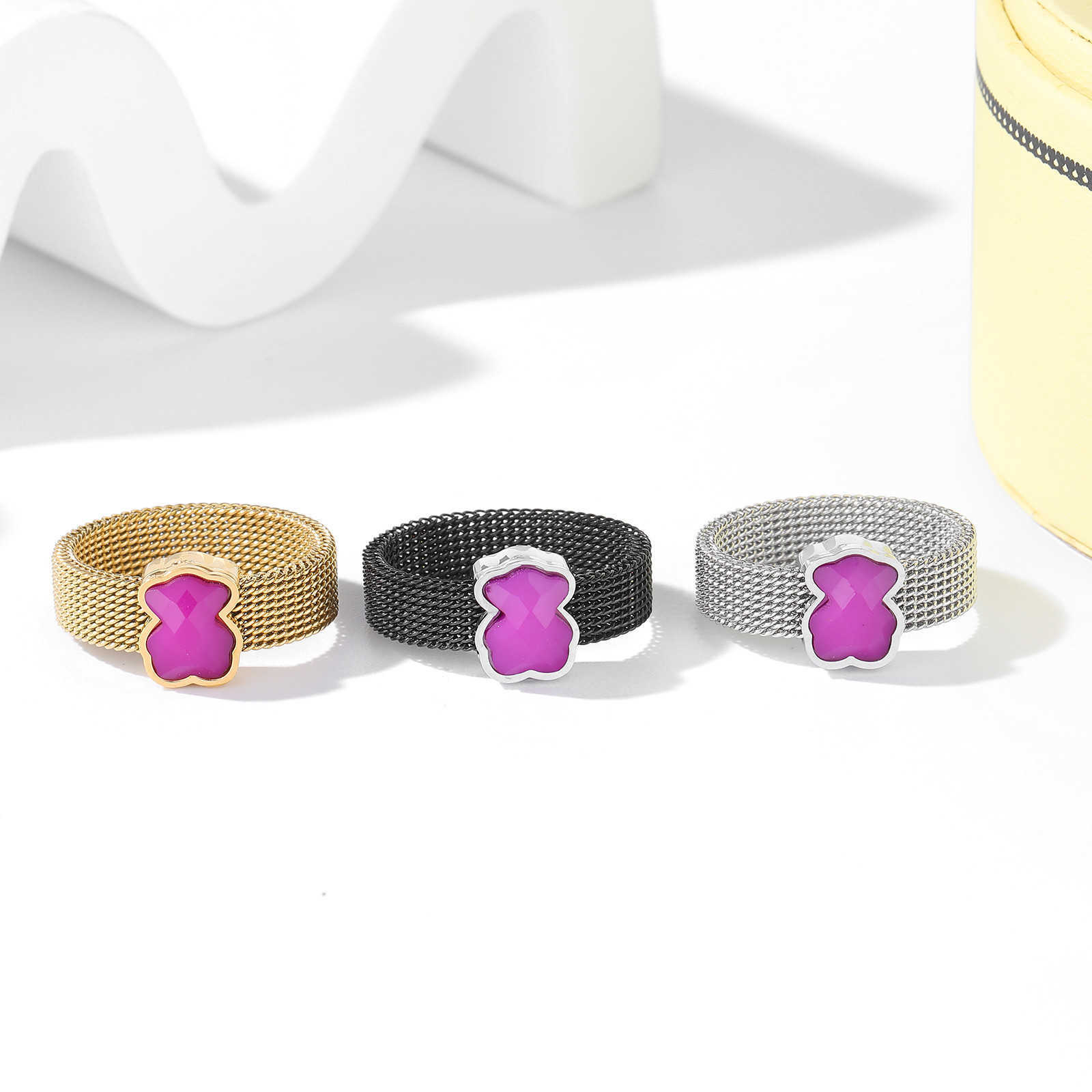Women New Men Silver Gold Black Stainless Steel Span Bear Animal Round Wire Circle Purple Black Green Glass Rings Jewelry Gift S260916NLT1