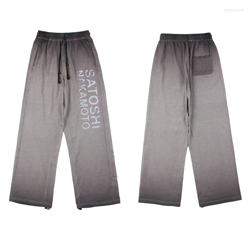 American High Street Trend SATOSHI Sweatpant Classic Retro Letter Washed Print Men's Elastic Waist Casual Pants