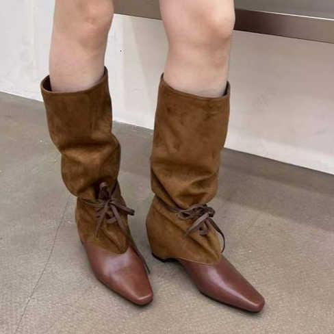 KneeHigh Faux Leather Suede Spliced Boots Square Pointed Toe Wedge Heel Ruched Slouch Shaft LaceUp Winter Vintage Long Boots D260916
