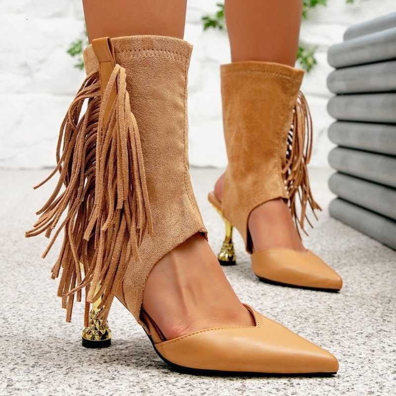Summer Women's Boots Tassel Designer Pointed Toe High Heel Boot Sexy Exposed Insteps Design Ankle Boots Woman D260916