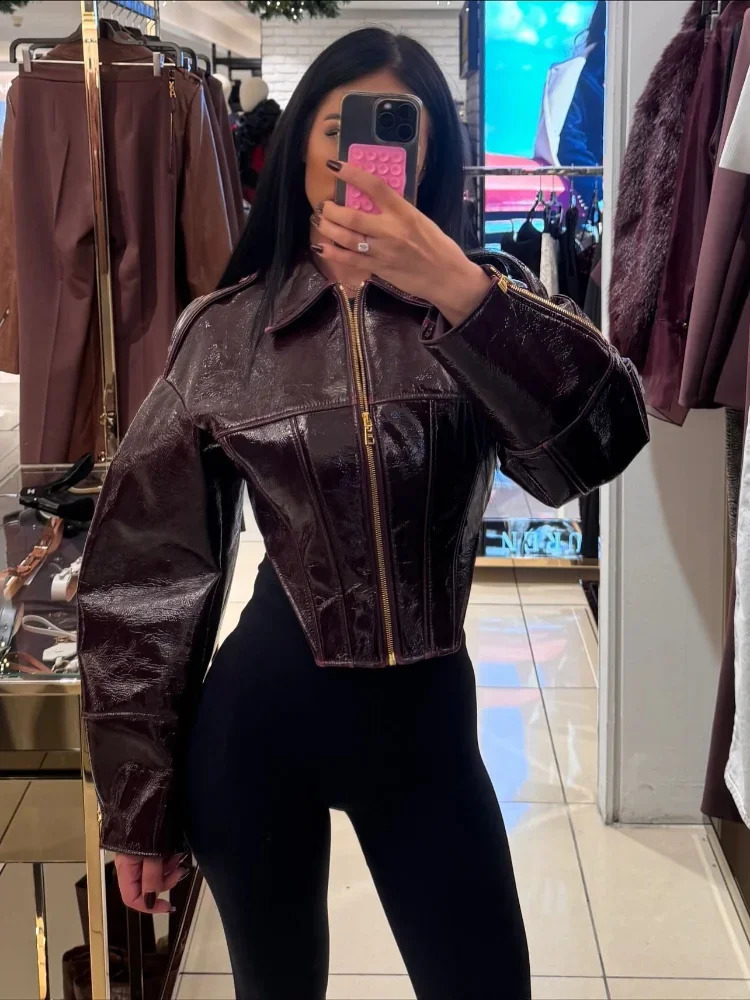 Women Retro Coated Cinched-waist Leather Jacket Lady Casual Lapel Full Sleeve Zipper Fishbone Coat 2026 Spring Daily Street Wear 260915