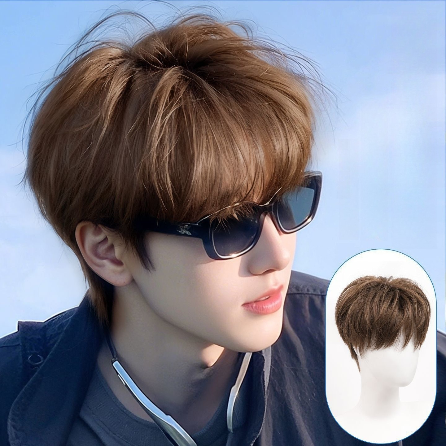 Light Brown Men's Synthetic - Full Head Cap, Korean Style, Slightly Separated Bangs, Male God-like Wig W260916
