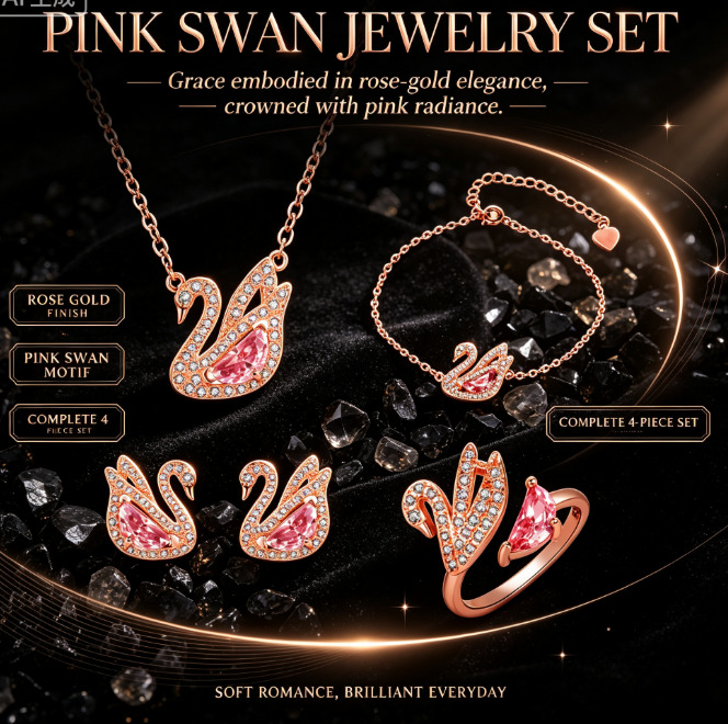 Womens Ring Fashion Jewelry Designer Luxury High End All Diamond Inlay Set Little Swan Pink Crystal Earrings Necklace Bracelet Three Piece Set Exqui