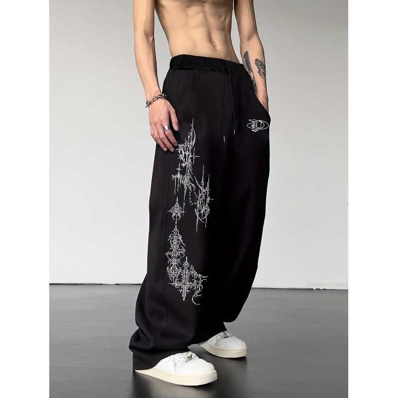 Men's Wide-Leg Loose-Fit Thick Thigh Thorn of Cross (Thorn Cross) Print Pants with Adjustable Drawstring Waist - Straight-Leg D260916