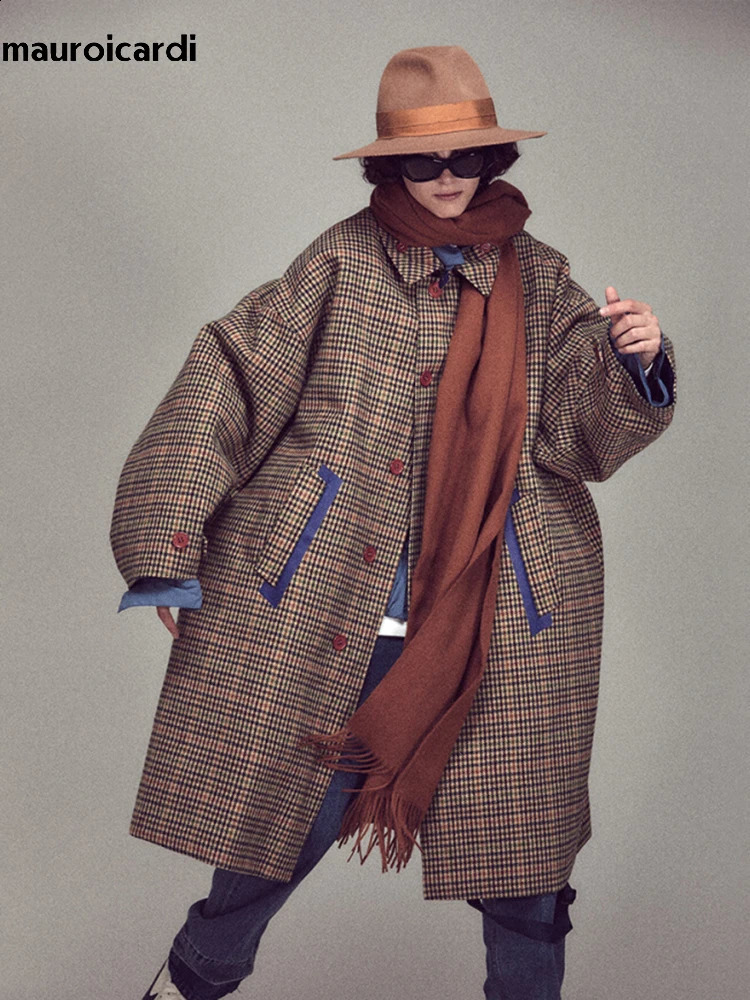 Mauroicardi Autumn Winter Oversized Warm Colorful Houndstooth Wool Blends Reversible Coat Men y ner Woolen Overcoat 260916