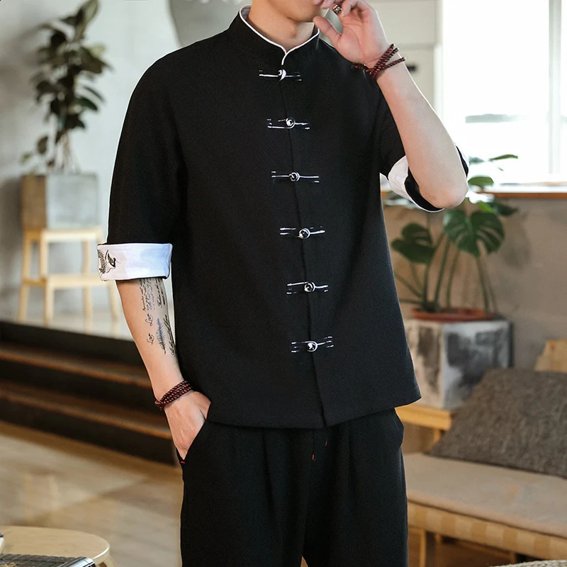 Embroidery Crane Shirts Men Traditional Chinese Clothing Vintage Half Sleeve Linen Cotton Madarin Collar Hanfu Kungfu Top 260828
