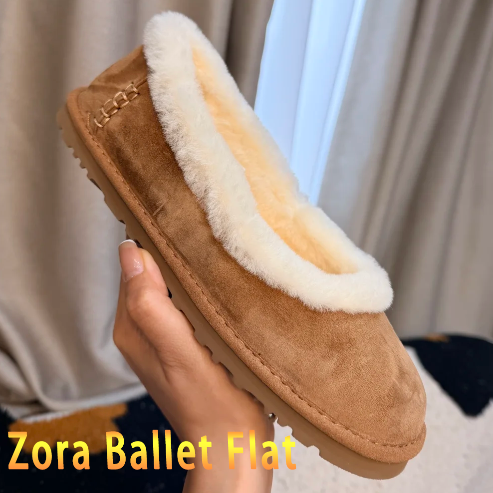 Zora Ballet Flat Women Winter Fur Trim Ballet Flats Suede Upper Faux Sheepskin Lining Slip on Round Toe Anti Slip Rubber Outsole boots designer w