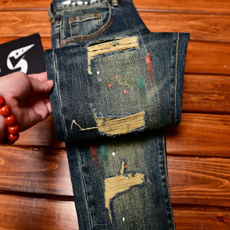 Broken hole patch jeans for men 2025 men's clothing paint printing trend n retro nostalgic slim fit denim pants 260916