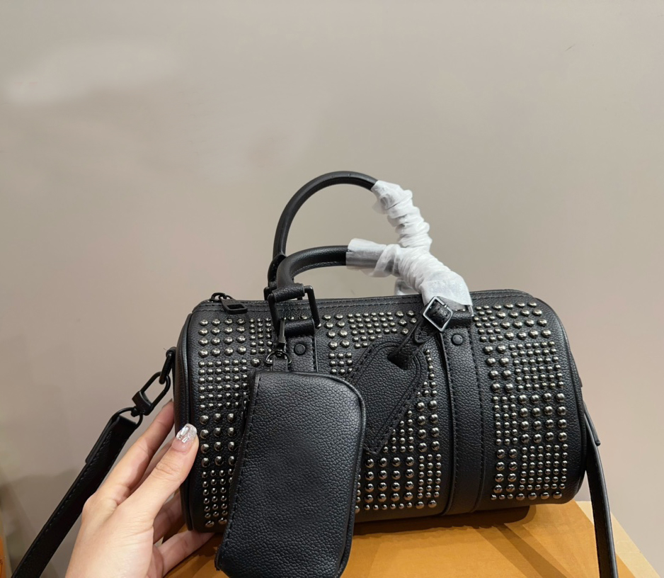 Brand Punk Metal Studded Barrel Duffle Bag 25*14cm, Vintage Rivet Top Handle Crossbody Purse, Detachable Strap Boston Pillow Handbag for Men Women