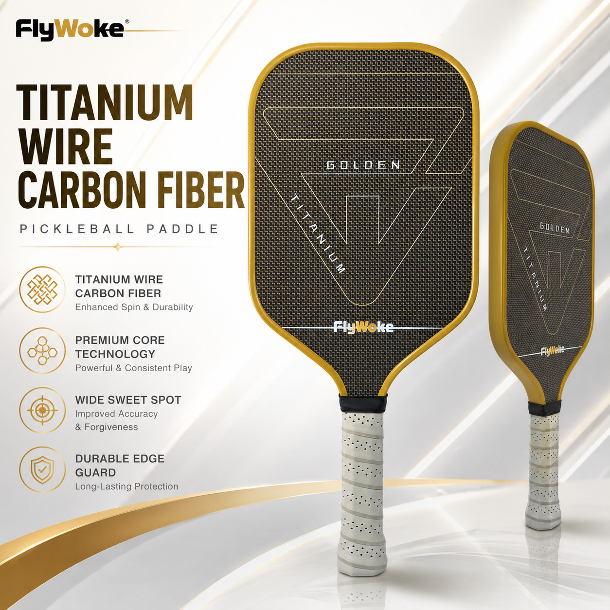 FlyWoke-Titanium Thread T700 Carbon Fiber Pickleball Paddle with Textured Matte Finish High Friction Control Offensive Play J260916