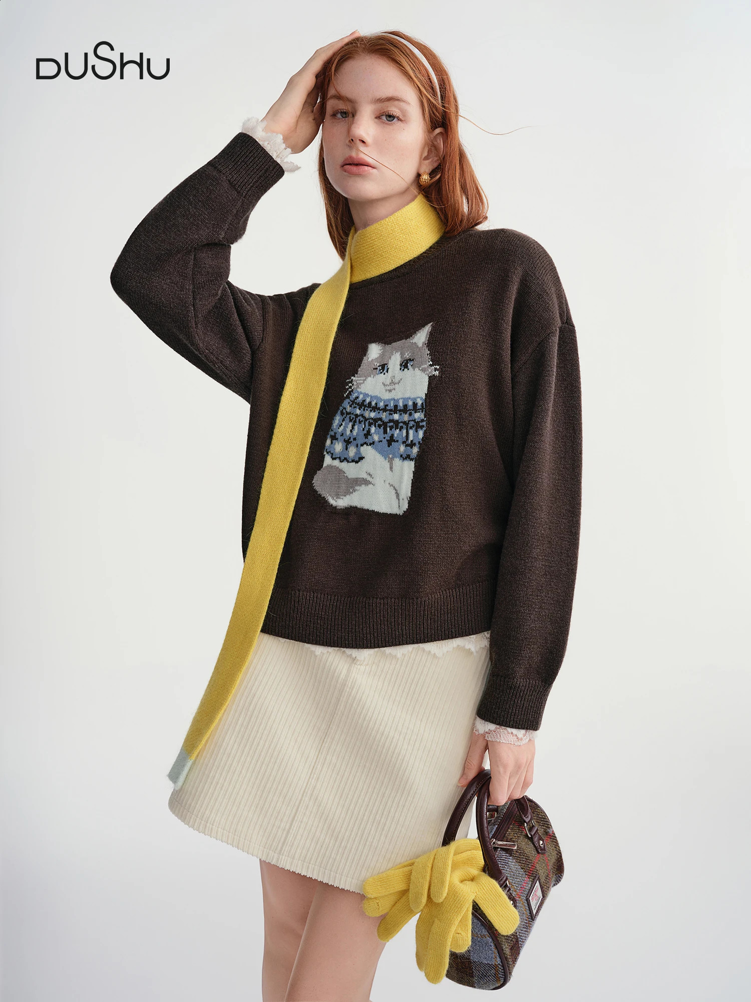 DUSHU Winter Women's Fun Animal Pattern Jacquard Knit Sweater - Relaxed Fit Round Neck Slimming Pullover for Casual Comfort 260916