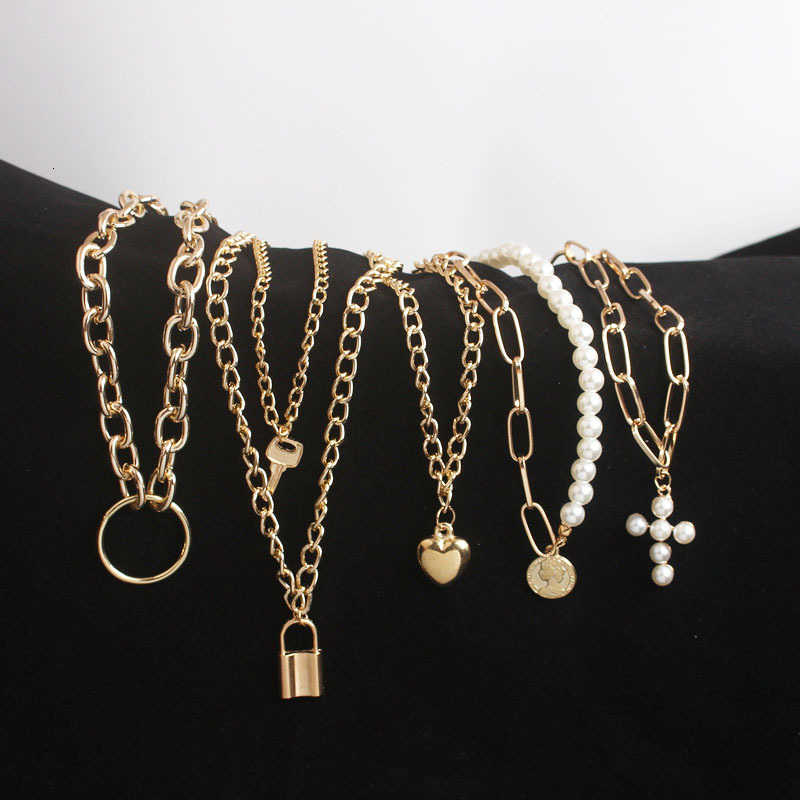 for Multi-layers Necklaces Women Personality Hollow Geometric Pendantes Necklaces Gold Color Cross Necklaces Punk CollarT260916