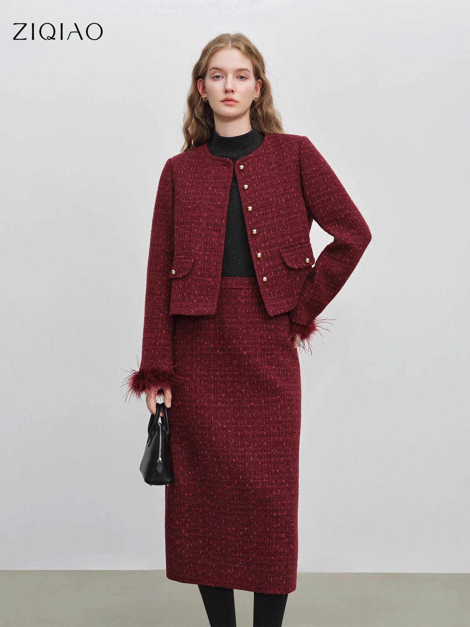 ZIQIAO 2025 Winter Women's Petite Red Tweed Skirt Set Short Boucle Jacket Year Coquette Style Elegant Office Suit Set 260916