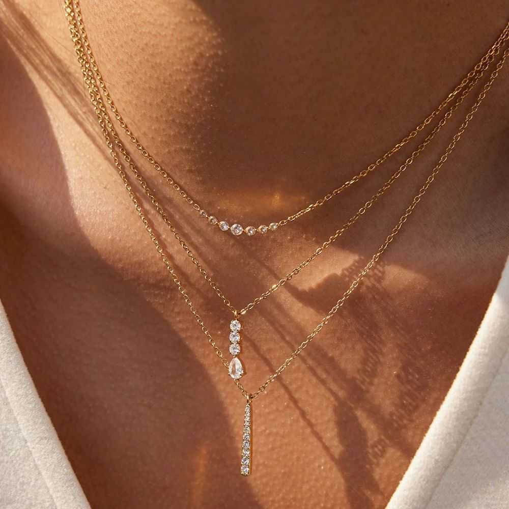 Rhinestone Zora Minimalist Long Water Drop Pendant Necklace Women's 18K Gold PVD Stainless Steel Waterproof Simple Jewelry GiftT260916