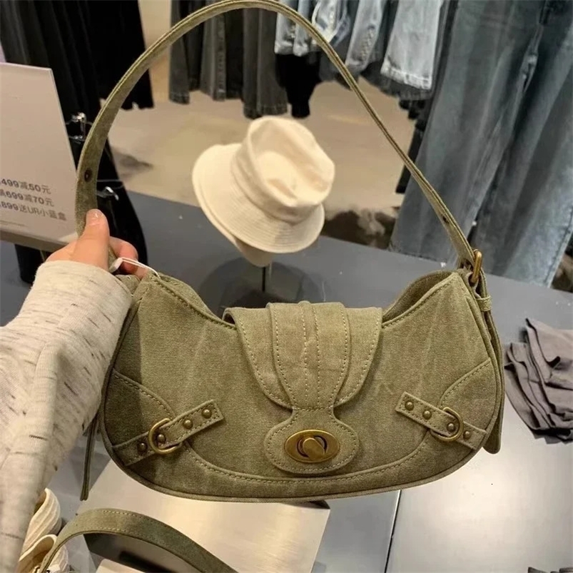 Y2k Vintage Shoulder Bag American Street Style Rivets Green Canvas Handbag Gothic Punk Biker Cool s Underarm Bag Handbag 260915