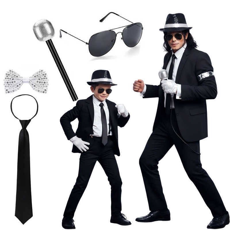 Men Boys 80s Disco Costume Michael Jackson Style Sequin Fedora Hat Suspenders Bow Tie Necktie Gloves Retro Party Accessories Kit S260916H98L