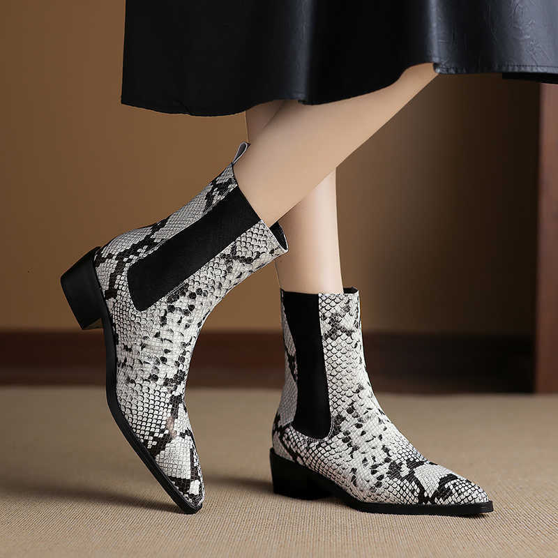 Women Shoes Genuine Leather New Mid Block Heels Chelsea Boots Autumn Winter Black Brown Snake Round Toe Slip-On Ankle Boots D260916