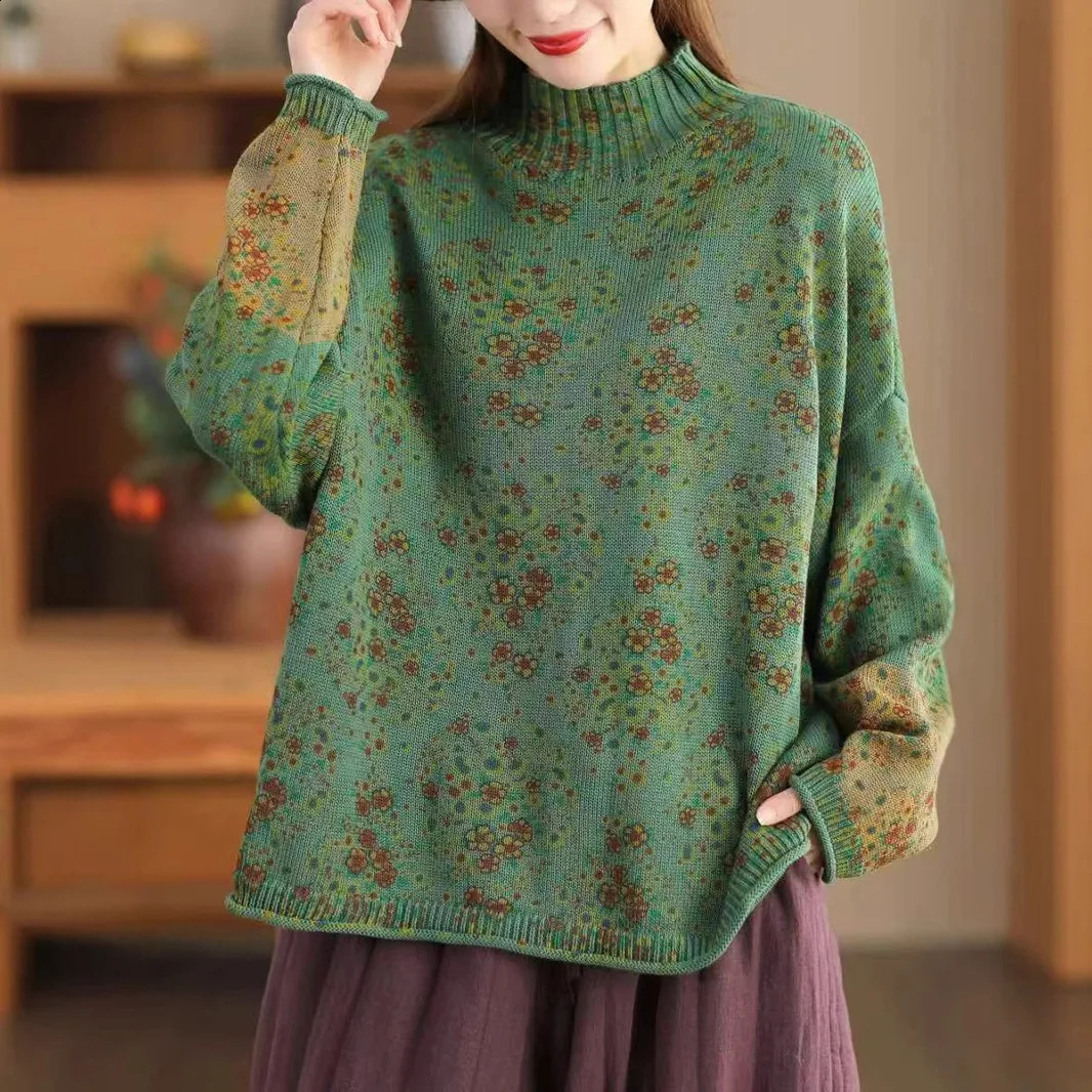 Winter Fall Fashion Vintage Floral Printed Half-turtle Neck Sweater for Women Fashion Long Sleeve Loose Casual Knitwear 260916