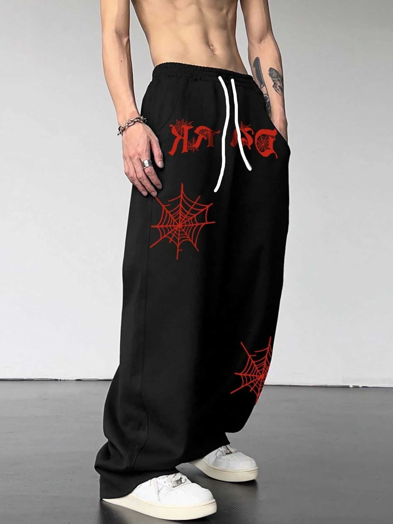 Y2K Dark Punk Straight 2026 Sports Pants Quick Dry Cobweb Gothic Font Graphic Print Breathable Daily Jogging Trousers D260916
