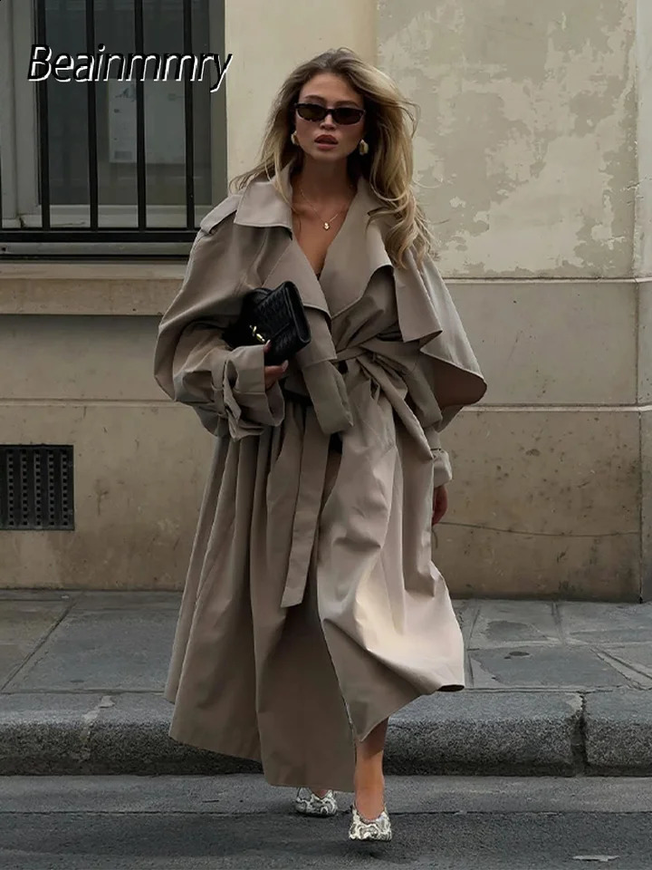 Women's Lace Up Long Trench Coat Chic Oversized Full Sleeve Windproof Raincoat Daily Outerwear Street Fashion 2025 Lady Jackets 260916