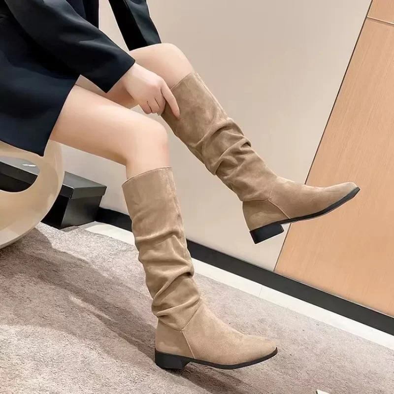 Winter suede womens fashion boots stylish pleated roundtoe long elegant lowheeled plussize fitted for women 260916