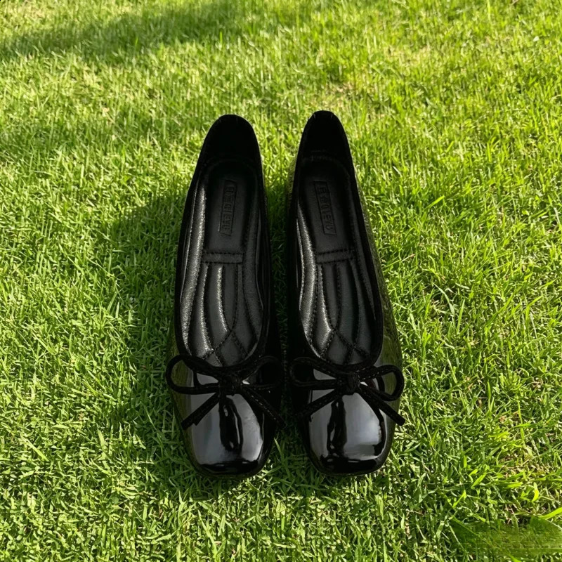 French Retro Black Patent Leather Ballet Flat's Soft Sole Bow SlipOn Shoes Casual Daily Office Wear 260916