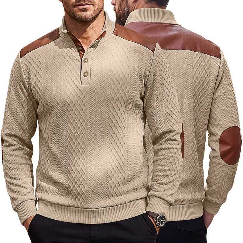 Men Autumn Winter Stand Collar Henley Sweater Textured Knit Pullover Faux Leather Shoulder Elbow Patch Casual Long Sleeve Tops Q260915