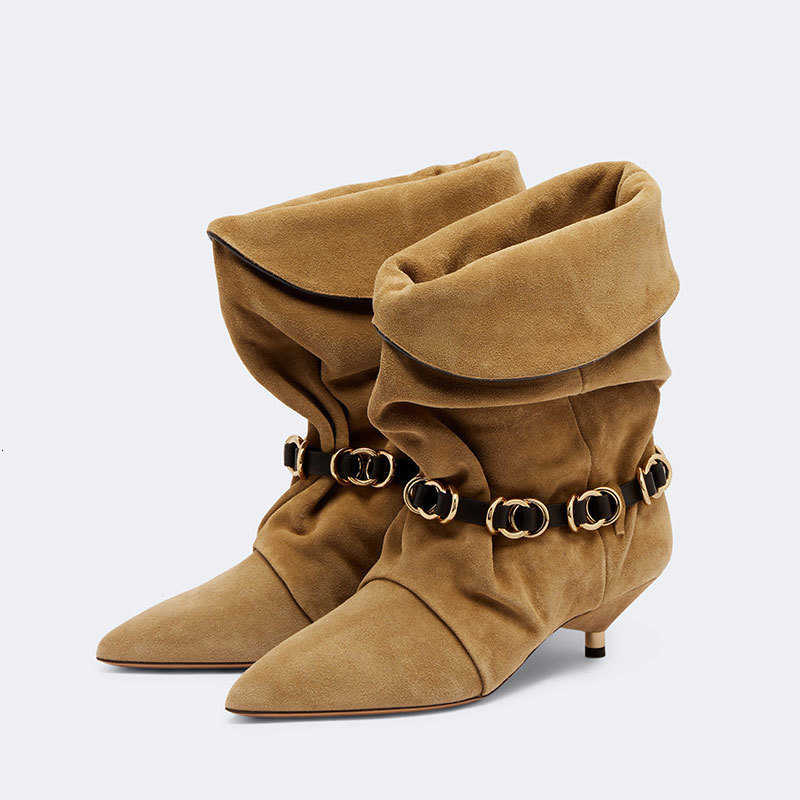 Over Fold Ladies Suede Slouchy Mid Calf Boots Gold Chain Belt Pointed Toe Thin Heel Club Party fashion Dress Footwear D260916