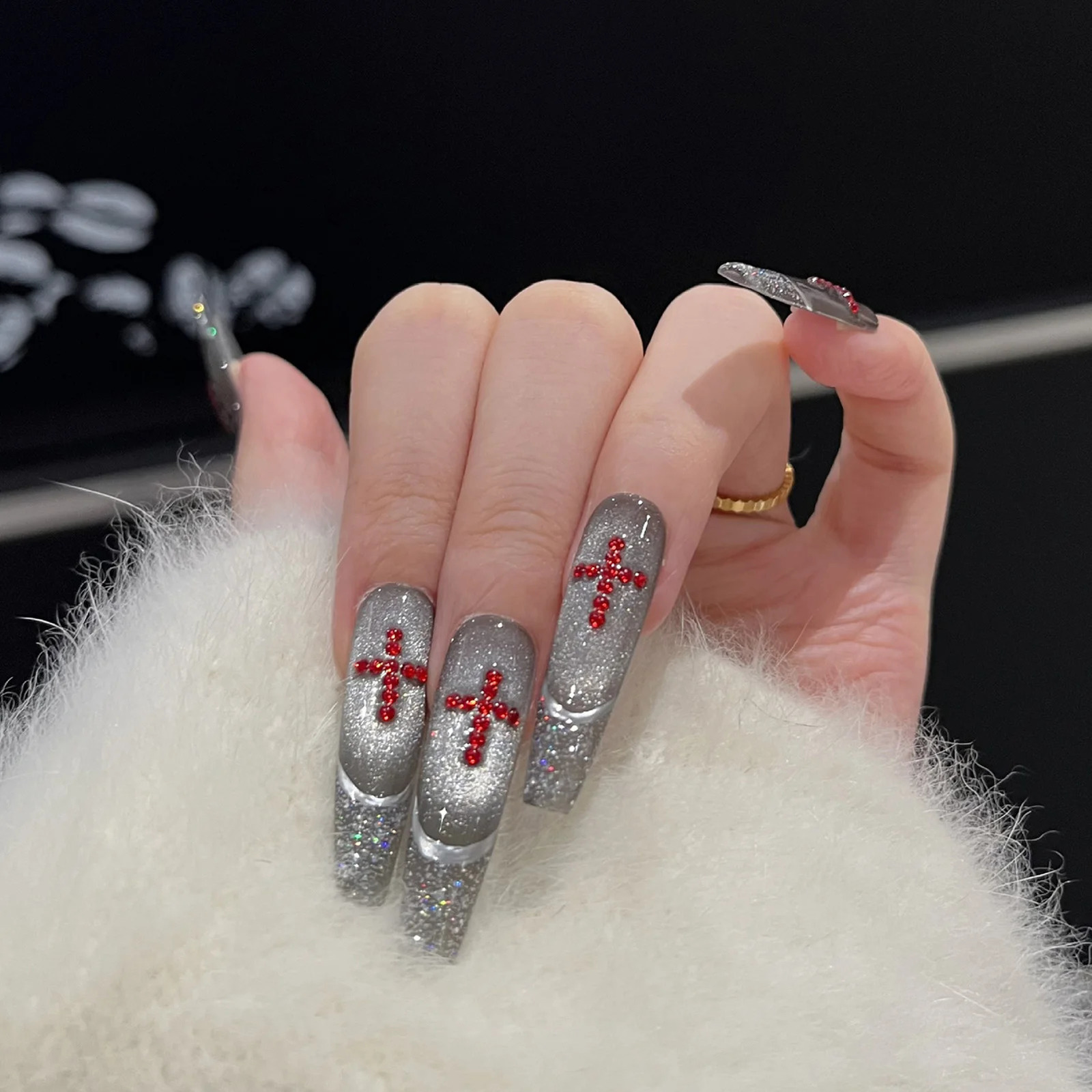 10Pcs Cat Eye Gothic Press On Nails with Cross Rhinestones Decor Glossy False Nails For Women Halloween Party Performance Decor 260916