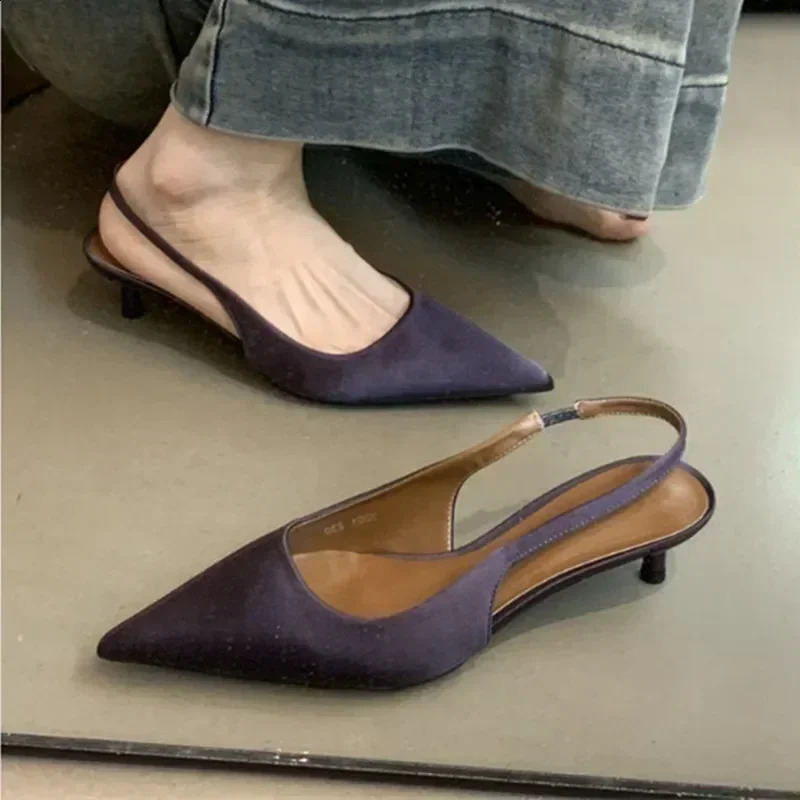 Elegant Purple Satin Low Heel Women Pumps Sexy Pointed Toe High Heels for Women Hollow Back Strap Mules Fashion Party Dress Shoe 260916