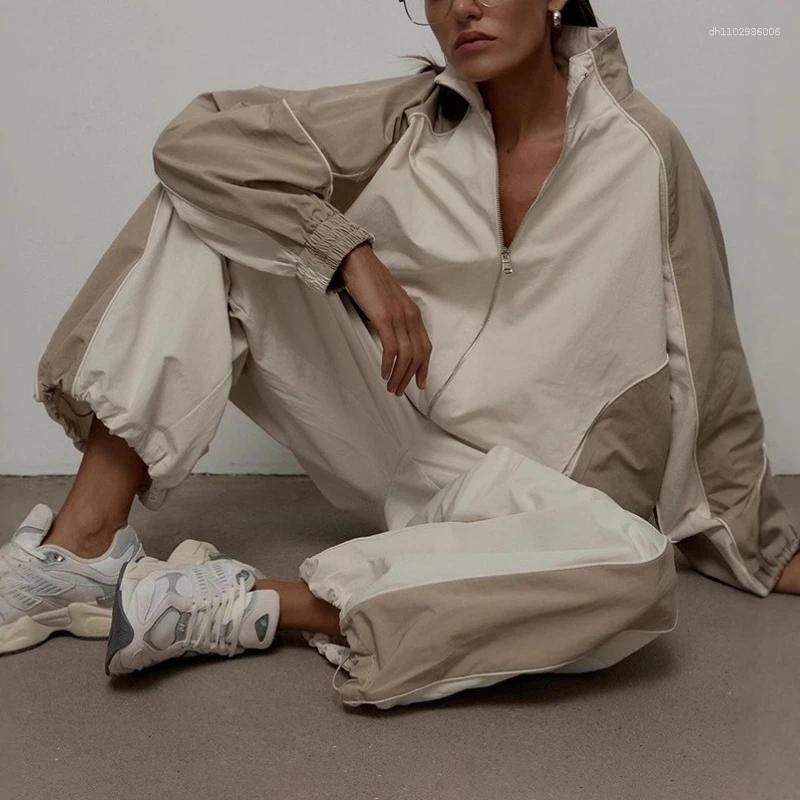 Women Autumn/Winter Casual Long-Sleeved Hoodie Sports Suit Solid Spliced Zipper Jacket Baggy Pants Tracksuit Lady Two-Piece Set