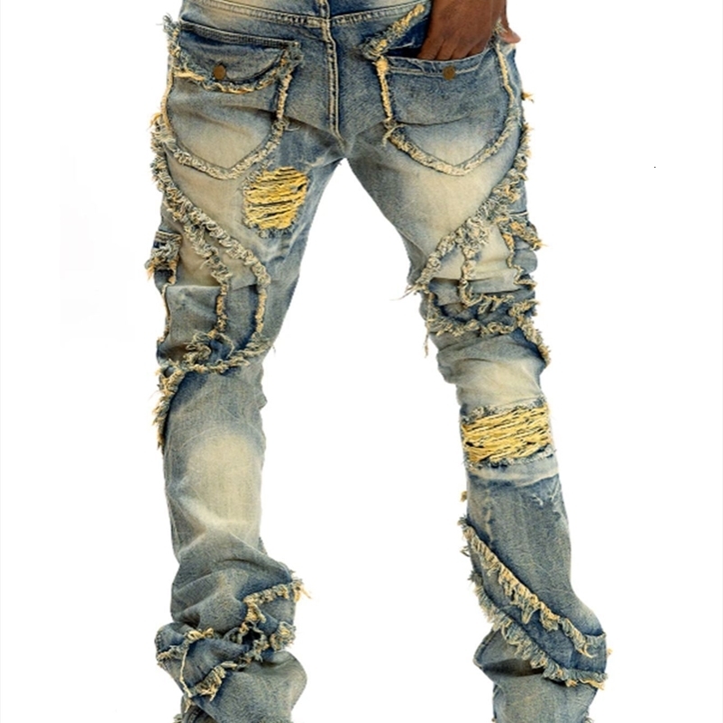 European and American men's casual jeans street punk fashion retro ripped hole slightly flared tassel elastic jeans 260915