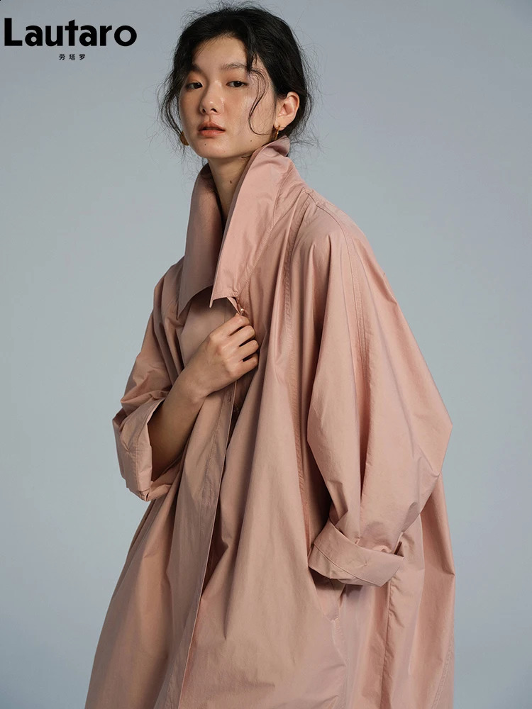 Lautaro Spring Autumn Long Oversized Thin Pink Trench Coat for Women Single Breasted Elegant Chic y ner Clothing 2026 260914