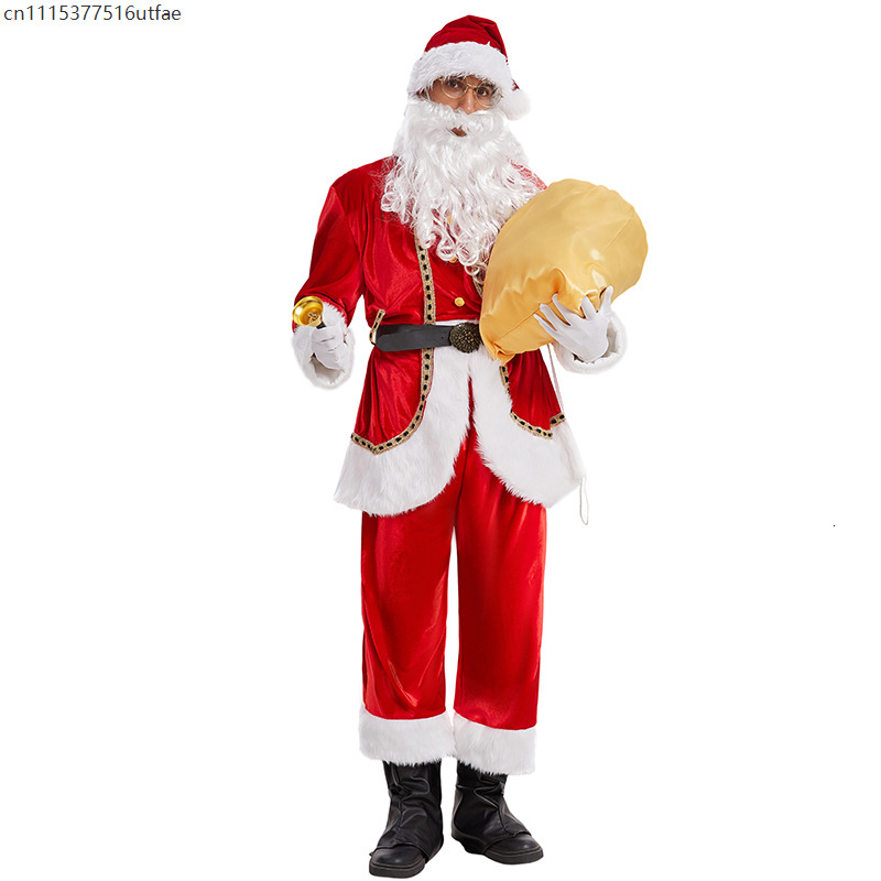 Cosplay Christmas Masquerade Dress Up Outfit Adult Mens Velvet Red Santa Theme Roleplay Suit Top Pants Plus Size Festival Costume