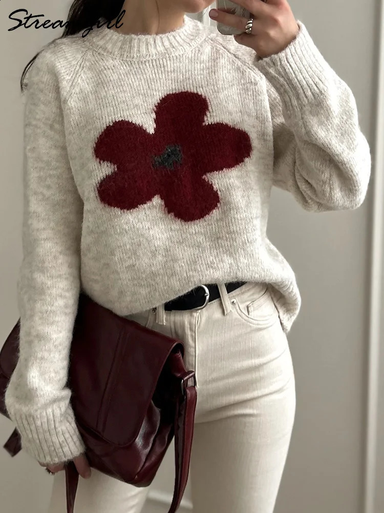 Streamgirl Winter Gray Sweater With Flower Women Loose Knit Pullovers Purple Knitwear Vintage Warm Flower Sweater For Women 260916