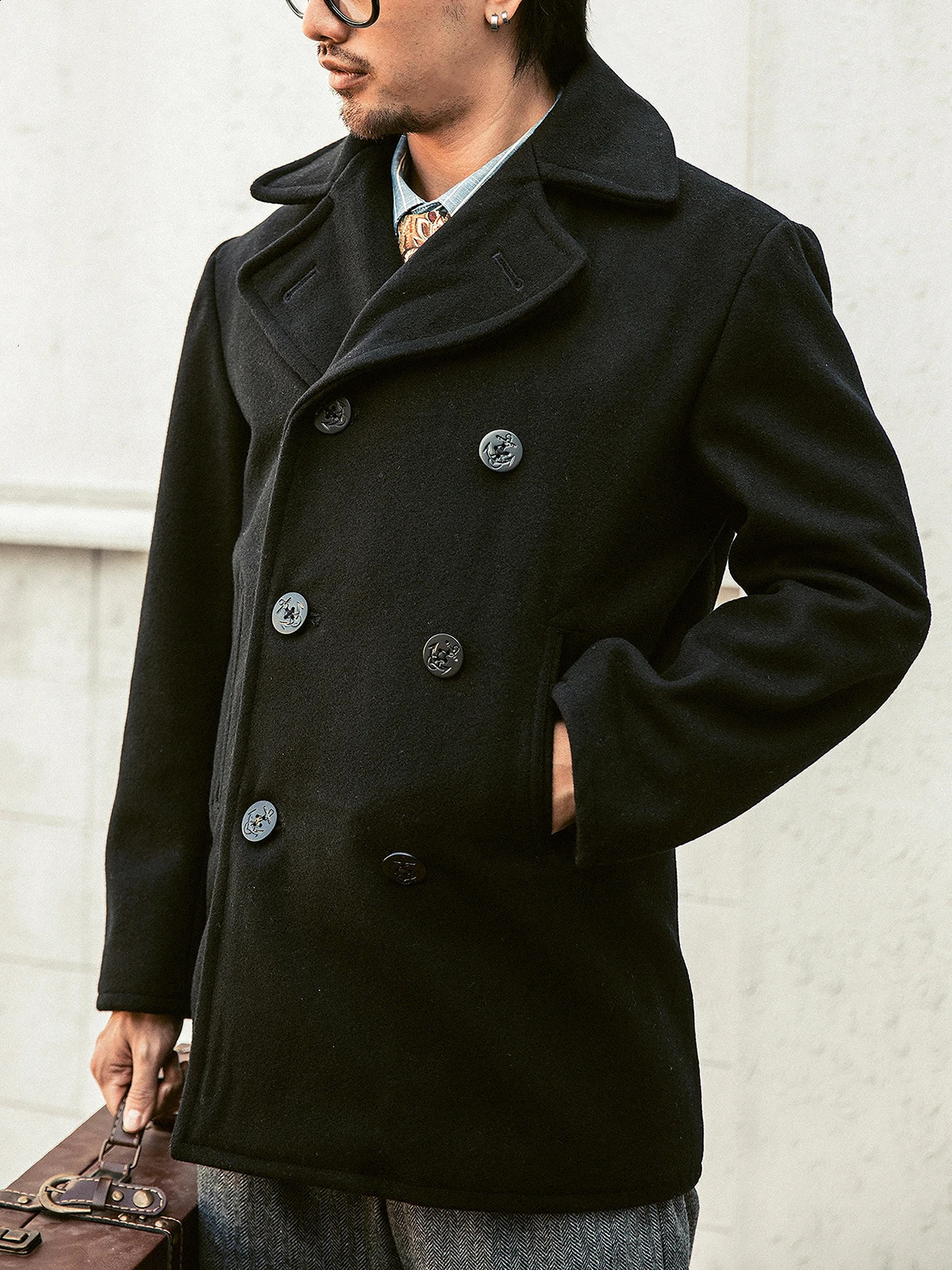 Red Tornado Men's Double Breasted Pea Coat Short Trench Coat Notched Collar 740 Wool Blend Overcoat 260916