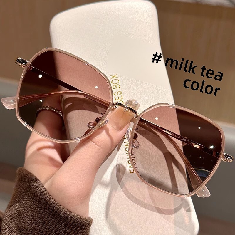 Milk Tea Color for Women 2026 New Korean Style Multi-sided Large Frame Metal Sunglasses Face Slimming UV Protection