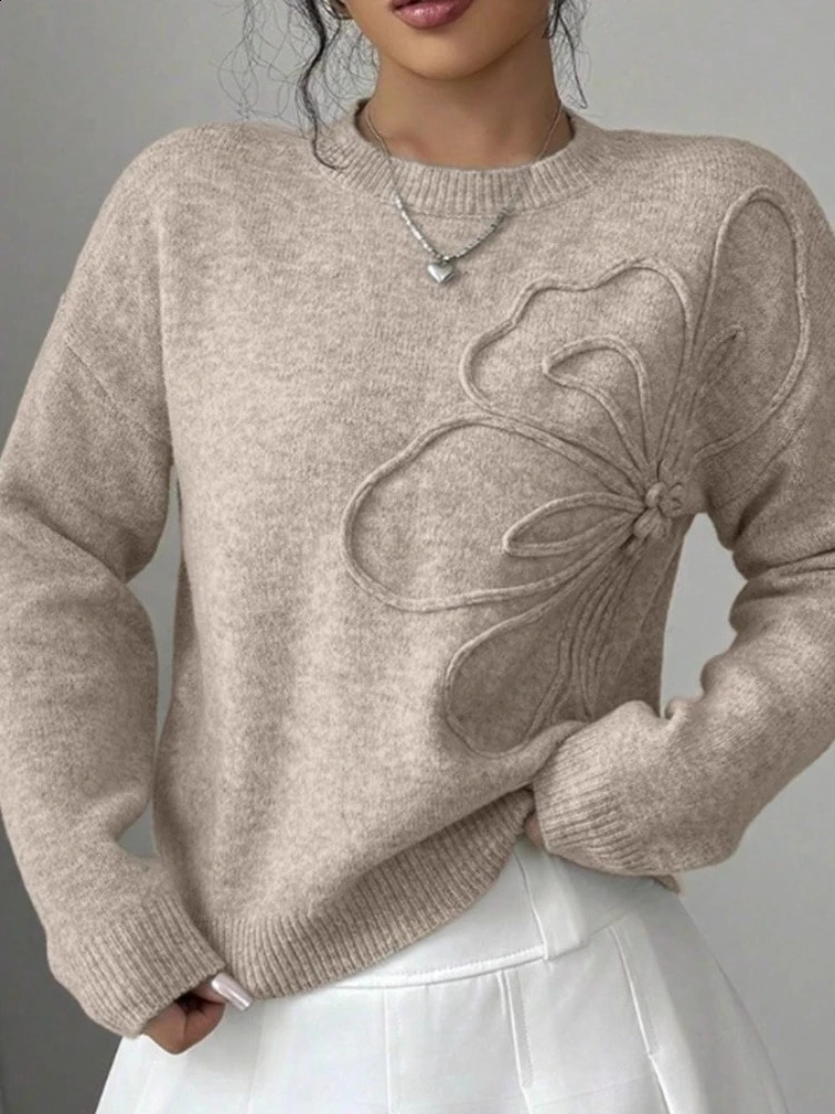 in Slimming Effect Knitted Pure Color Floral Print Women's Sweater Spring StyleCrew Neck Full Sleeve Fashionable Pullover 260916