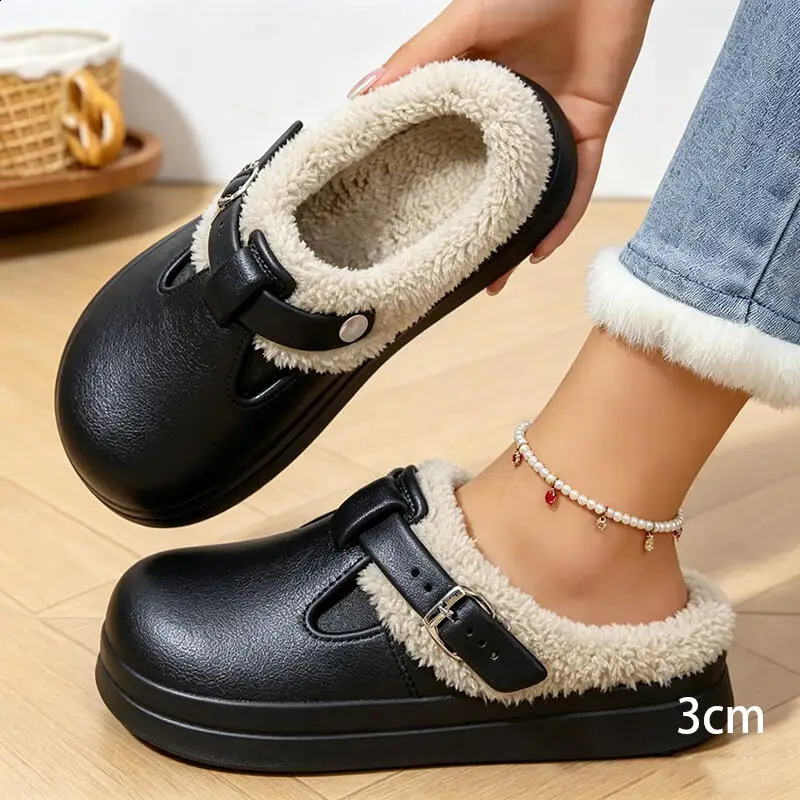 Casual Metal Buckle Warm Plush Mules Slippers Women Winter Soft Thick Sole Indoor Waterproof EVA Furry Clogs Mujer 260917