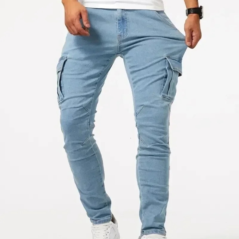 Street Elastic Jeans Men Denim Cargo Pants Wash Solid Color Multi Pockets Casual Mid Waist Trousers Slim Daily Wear Joggers 260915