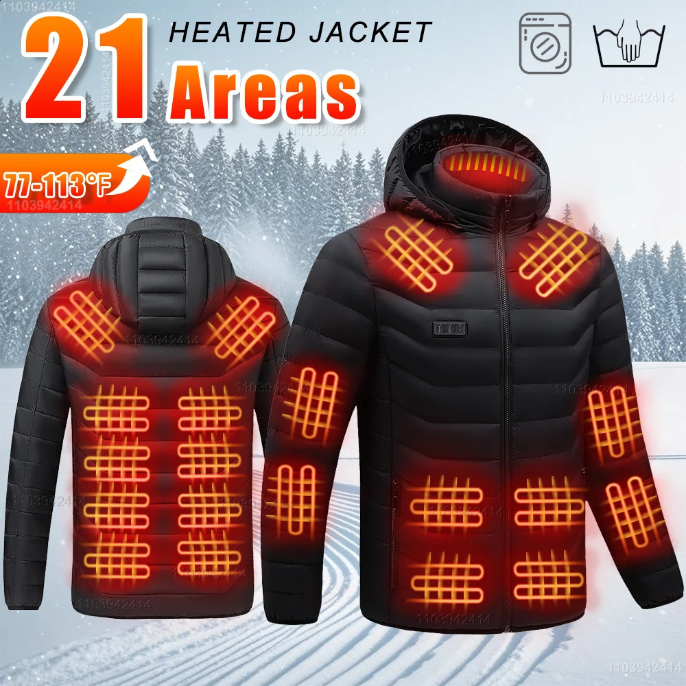 Heated Jacket Men Women Coats 9/21 Areas USB Self Heated Clothing Winter Ski Camping Heated Down Jacket with Detachable Hood 260916