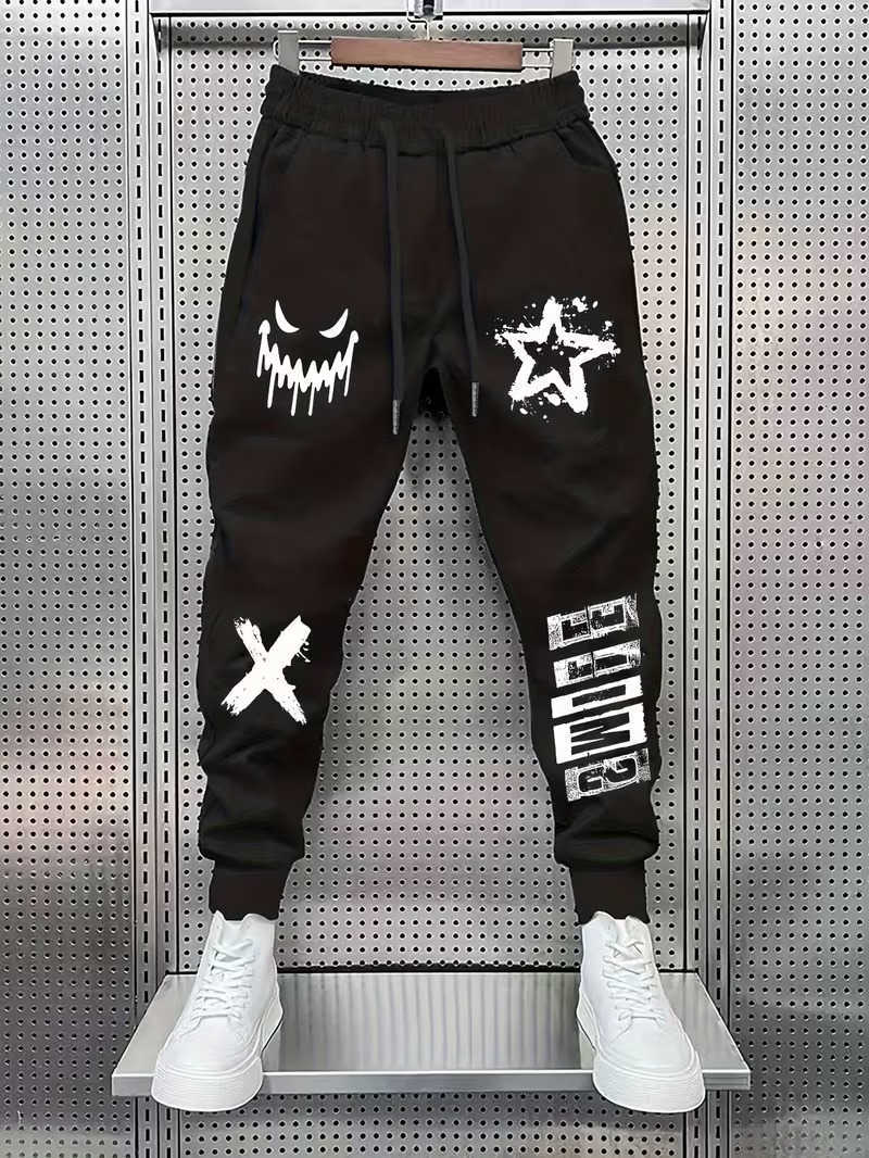 Street Trendy Cool Style Men's Loose Legged Sports Pants Printed Sanitary Pants Daily Casual Drawstring Knitted Pants D260916